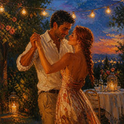 an original couple dancing under string lights in a garden at dusk: a man with short black hair in a linen shirt and a woman with braided red hair in a summer dress