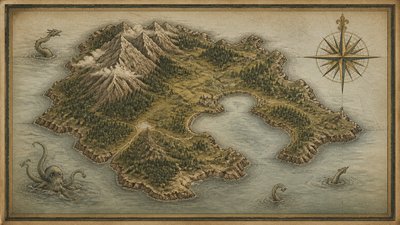 a map of an island realm with mountains, forests, a sheltered bay, sea monsters in the water and a compass rose, no text labels