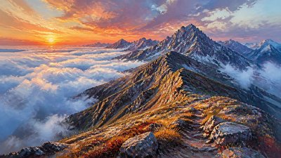 a wide alpine ridge above a sea of clouds, no people