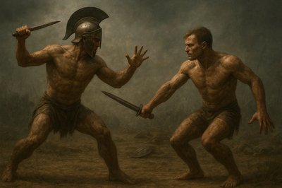 a painting of two men fighting each other