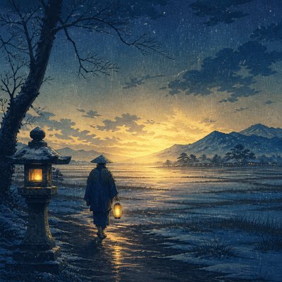 a solitary figure walking toward a glowing horizon across an empty plain, moody atmosphere, no text or lettering