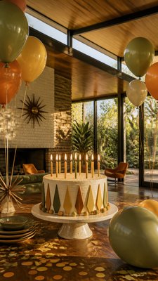 a birthday cake with lit candles surrounded by balloons and confetti, festive vertical composition, no text