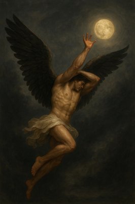 a painting of a male angel with a full moon in the background