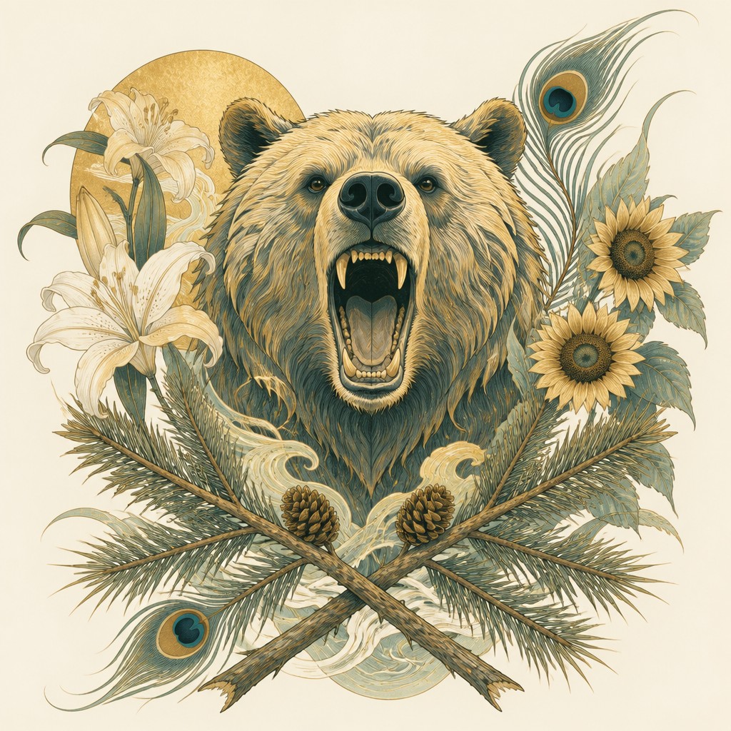 a roaring bear head above crossed pine branches, bold graphic composition on a plain background, no text