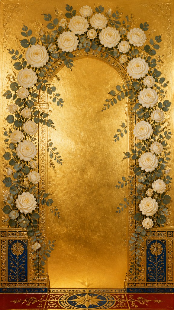 an arch of white roses and eucalyptus in soft morning light, elegant vertical composition with open space, no text