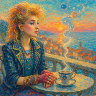 A young woman with timeless 1980s glamour, Cyndi Lauper-like look, sits at a small outdoor café table on a cliff overlooking a picturesque seaside town. She gazes over the town below as the sun rises, casting radiant hues of pink, orange, and teal across the rooftops and narrow streets. She has luminous pastel makeup, bright expressive eyes, and a stylishly teased hairstyle with vivid color streaks. Her outfit is eclectic and bold: layered accessories, a patterned jacket with neon accents, fingerless gloves, and whimsical jewelry sparkling in the morning light. On the table beside her rests a delicate porcelain coffee cup of fine Italian china, painted with intricate cobalt blue, gold, and crimson designs. From the cup, steam rises, transforming into miniature planets, glowing constellations, and swirling galaxies that drift upward like vapor into the sky above. The atmosphere is cinematic, luminous, filled with radiant tones, crisp clarity, and classic beauty, with no dark overlay.