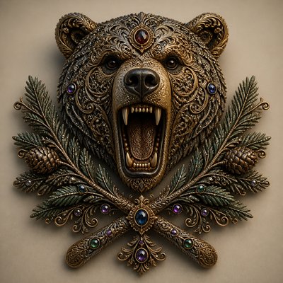 a roaring bear head above crossed pine branches, bold graphic composition on a plain background, no text