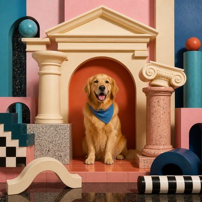 portrait of a golden retriever wearing a blue bandana, warm plain backdrop, no text