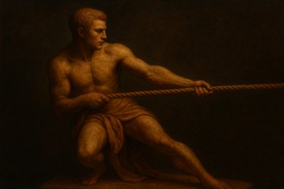 a painting of a man holding a rope