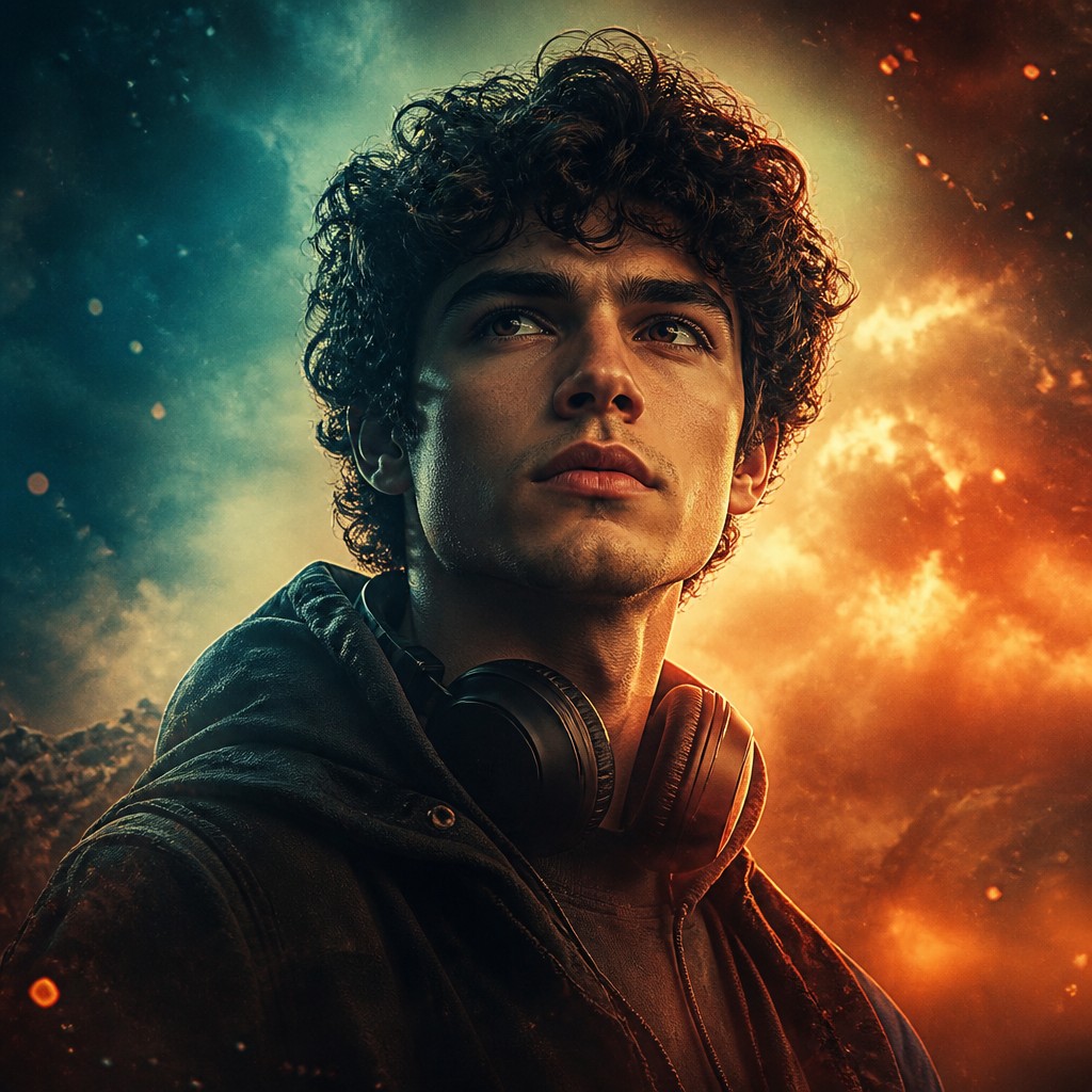 head-and-shoulders portrait of an original character: a young man with curly dark hair and headphones around his neck, plain backdrop, no text
