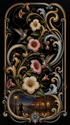 a climbing vine of flowers and hummingbirds on a dark background, tall wrapping composition, no text