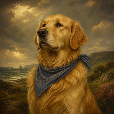 portrait of a golden retriever wearing a blue bandana, warm plain backdrop, no text