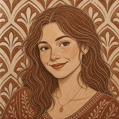 head-and-shoulders portrait of an original character: a young woman with wavy chestnut hair and a warm smile, plain soft backdrop