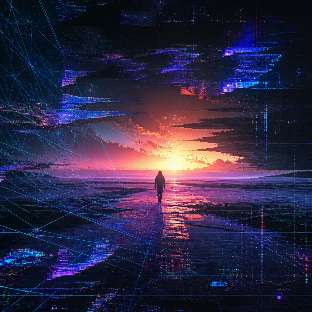 a solitary figure walking toward a glowing horizon across an empty plain, moody atmosphere, no text or lettering