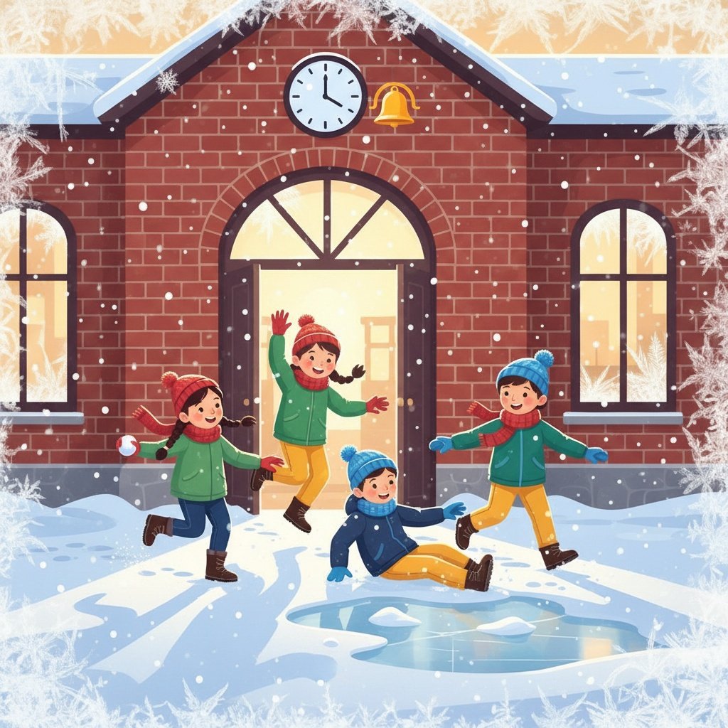 Snow Day Freedom
A group of four happy children (diverse ages and genders) running excitedly out of the tall, red brick doors of a classic, old-fashioned schoolhouse. The school's clock face shows the final bell time. The atmosphere is pure, exultant freedom and joy.
Scene Details: Heavy, fluffy snow is falling and has covered the ground in a pristine white blanket. The children are dressed in colorful, bundled winter clothing (red scarves, blue hats). In the foreground, one child is already throwing a perfect snowball, and another is sliding on a patch of ice. The setting sun casts a warm, golden glow on the snow, creating long, blue shadows and sharp contrast, emphasizing the magical quality of the winter afternoon.