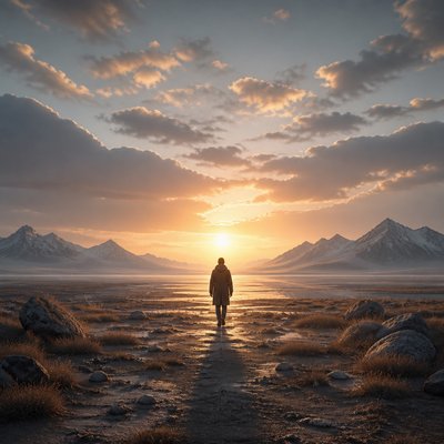 a solitary figure walking toward a glowing horizon across an empty plain, moody atmosphere, no text or lettering