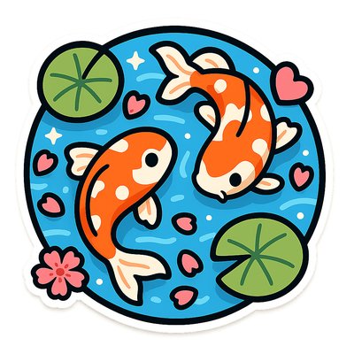 A koi pond seen from above, orange and white koi fish swimming among lily pads, clear water with subtle ripples, fallen cherry blossom petals floating on the surface, dappled sunlight