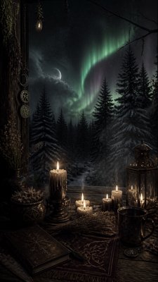 a snowy pine forest under the northern lights, no people