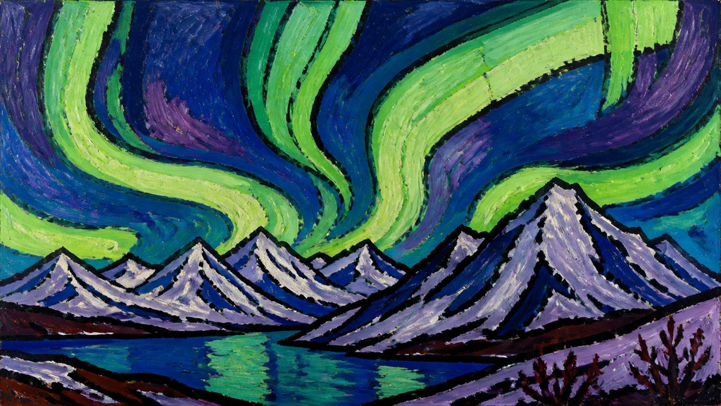 a flowing aurora over snowy peaks, wide sweeping composition, no people, no text