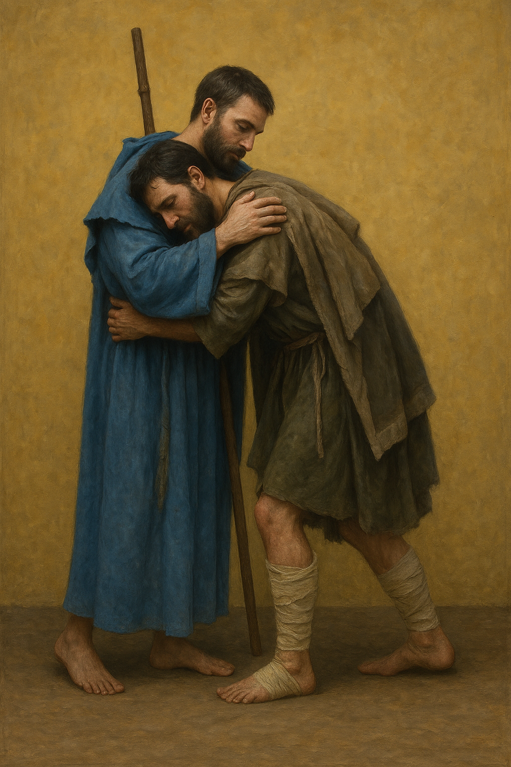 a painting of two men embracing each other