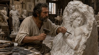 Michelangelo’s intense faith was the primary cause of the greatness of his work. His faith did more than affect the nature of his work—it affected his very thinking on the origin and function of art. Several of his statues portray the struggle of the individual to free himself from matter. He believed that, second only to man, marble was God’s greatest creation and that within each block of marble, there was a figure that God had placed; the job of the sculptor was to release that figure, much like at death our bodies will release our souls.   