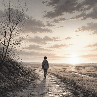 a solitary figure walking toward a glowing horizon across an empty plain, moody atmosphere, no text or lettering