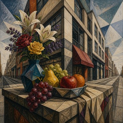 still life arrangement of fruits and flowers