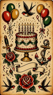 a birthday cake with lit candles surrounded by balloons and confetti, festive vertical composition, no text