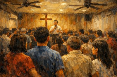 Inside an informal church in Kuala Lumpur.  Wing Sun and his father and mother, along with Siu Zi, his friend from school are there together.  We are standing in the back of the room, and there are many more people than there were in the London church.  There are people of different ethnicities, but mostly Chinese Malaysian.  The Pastor, a Chinese man, is standing up front speaking to the congregation, facing them.  The atmosphere is hot and sweaty, with ceiling fans running, but still welcoming, Wing Sun is happy that his family is together and also that his friend Siu Zi, who he has just learned is a Christian, can be there too.