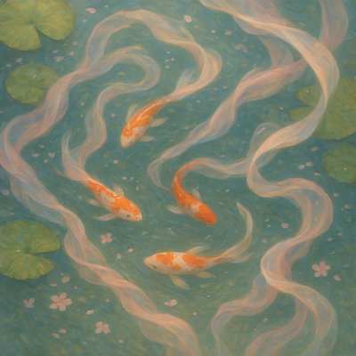 A koi pond seen from above, orange and white koi fish swimming among lily pads, clear water with subtle ripples, fallen cherry blossom petals floating on the surface, dappled sunlight