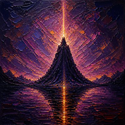 a painting of a pyramid in the middle of a body of water