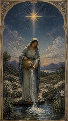 a robed figure pouring water beneath a large eight-pointed star in a night sky, symmetrical composition with an ornate decorative border, no text