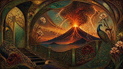 an erupting volcano with lightning strikes, dramatic wide composition, no text