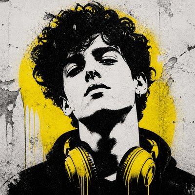 head-and-shoulders portrait of an original character: a young man with curly dark hair and headphones around his neck, plain backdrop, no text