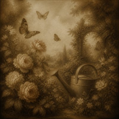 a garden scene with butterflies, flowers and a watering can, clean uncolored line art, no text
