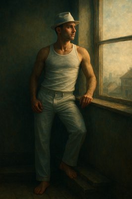 a painting of a man leaning against a window