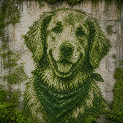 portrait of a golden retriever wearing a blue bandana, warm plain backdrop, no text