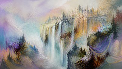 a cliffside city with waterfalls cascading into a misty canyon, wide establishing shot, no people, no text