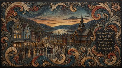bustling city street panorama at dusk