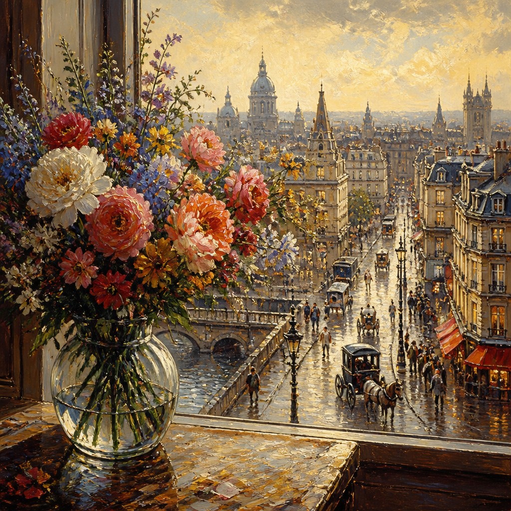 bouquet of flowers in a glass vase — Cityscape Painting Style