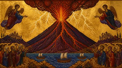 an erupting volcano with lightning strikes, dramatic wide composition, no text