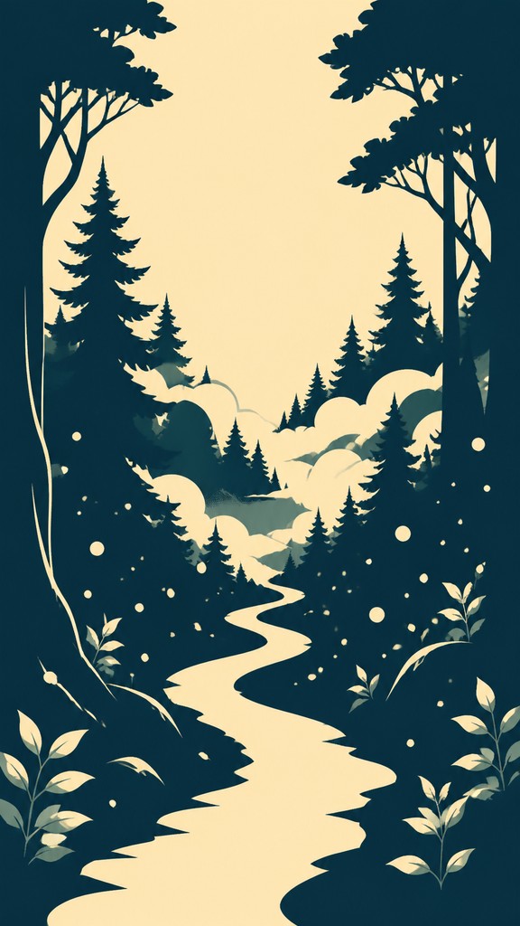 a mysterious forest path with fireflies and drifting mist, atmospheric vertical composition with open space at the top, no text