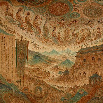 wide landscape with natural scenery — Dunhuang Art Style