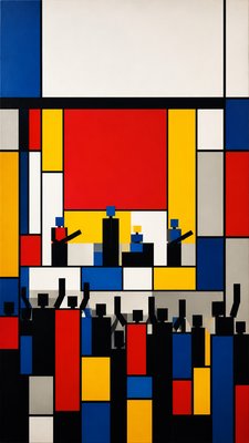 a live music scene with a glowing stage and silhouetted crowd, energetic vertical composition with open space at the top, no text