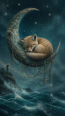 a sleeping baby fox curled on a crescent moon among soft stars, gentle and warm, no text