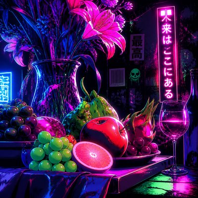 still life arrangement of fruits and flowers