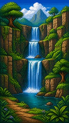 a cascading waterfall in a lush green gorge, no people