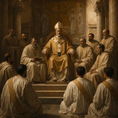 early church assembly with bishop, presbyters, and deacons