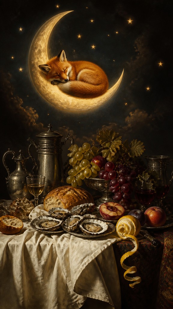 a sleeping baby fox curled on a crescent moon among soft stars, gentle and warm, no text