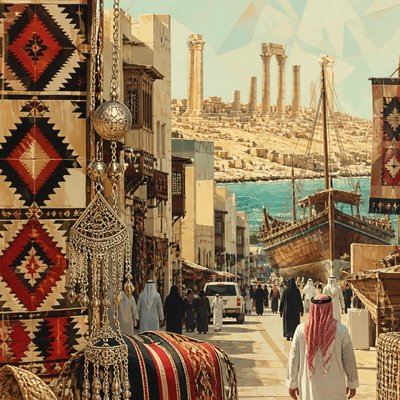urban street with city activity — Kuwaiti Art Style